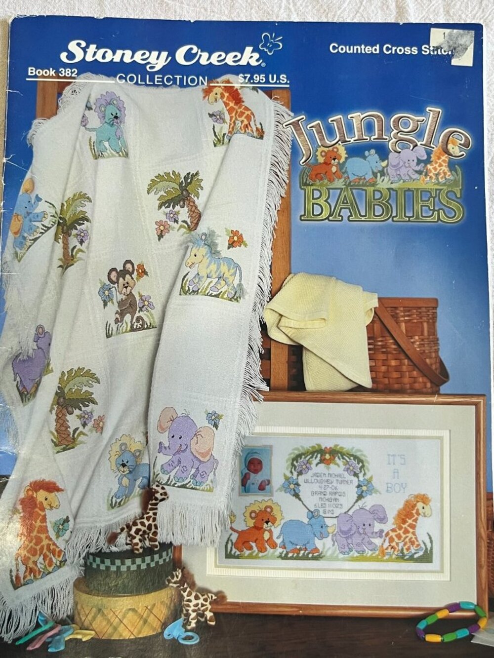 Vtg Stoney Creek Cross Stitch Pattern Booklet Throw JUNGLE BABIES 382 Animals